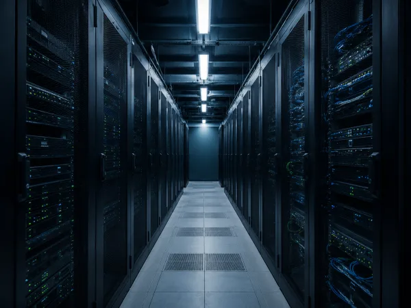 Blick durch einen Gang zwischen zwei Reihen bestückter Server-Racks